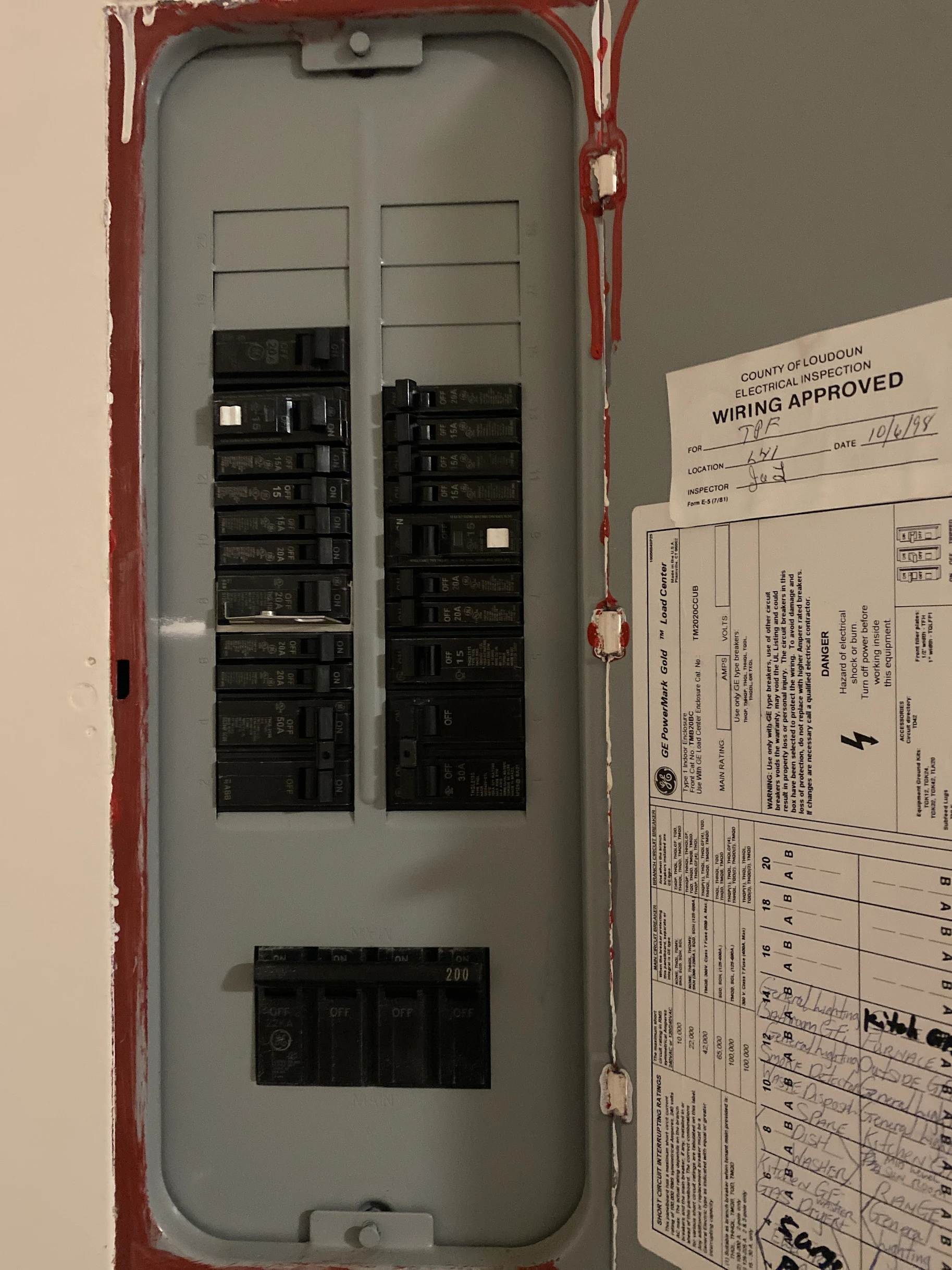 The interior of an electrical panel showing breakers, the bus bar and neutral terminations