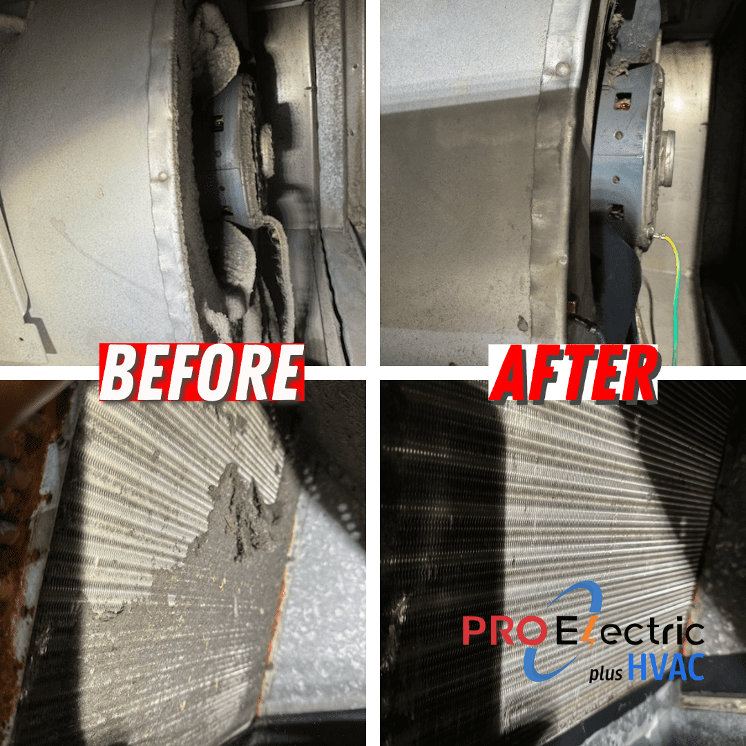 A before and after comparison of a heating system cleaning