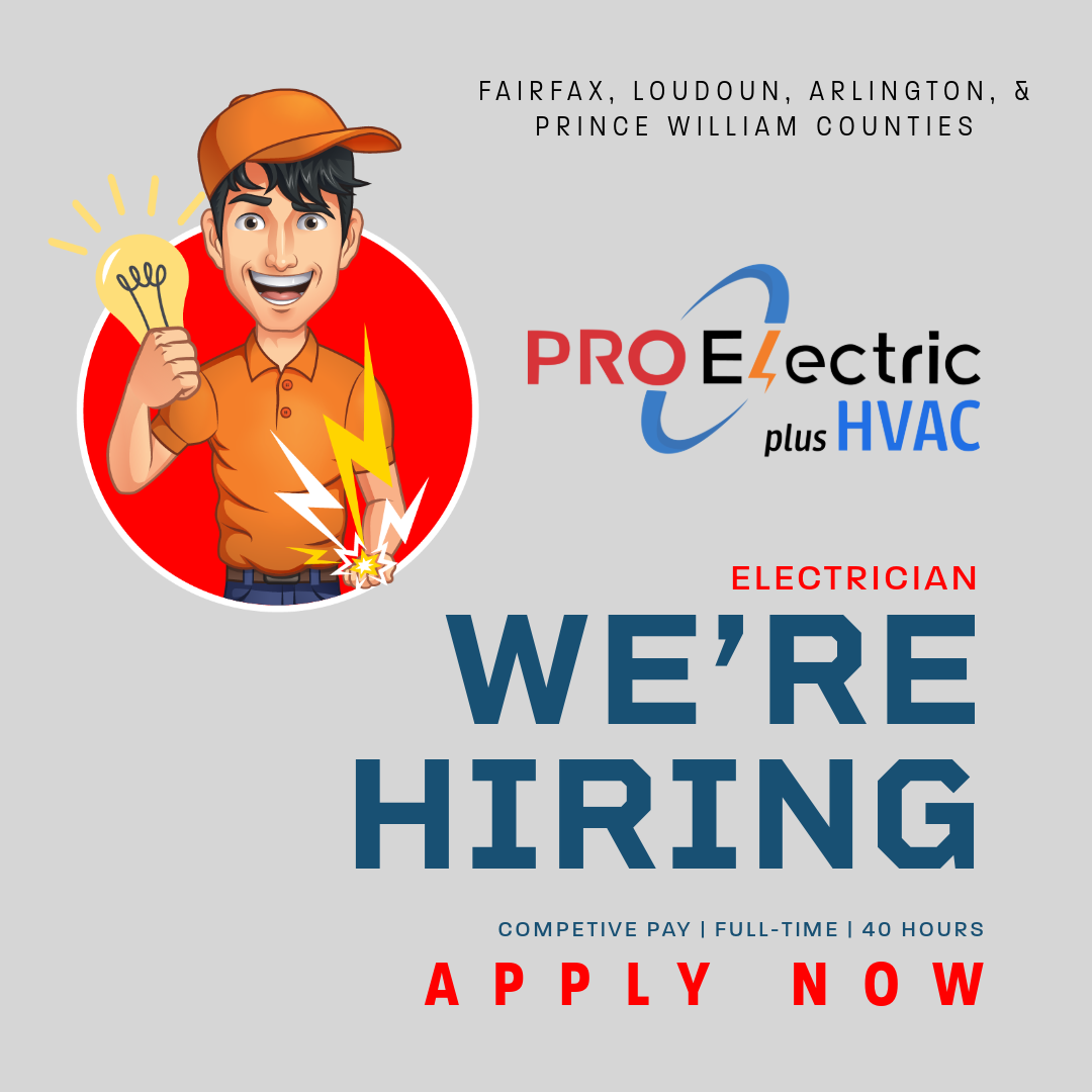 Electrician jobs Fairfax VA, HVAC electrician Arlington, Residential electrician Loudoun County, Prince William County electrician, Full-time electrician positions VA, Electrician careers PRO Electric plus HVAC, Virginia electrician hiring, Electrician job openings Fairfax Arlington, Competitive pay electrician VA, Apply electrician jobs online