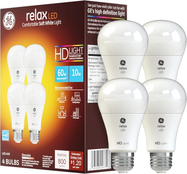 soft white LED bulb, GE Relax warm glow bulb, cozy bedroom LED lighting, 2700 K soft white bulb, dimmable Relax HD A19 LED, built‑in timer LED bulb, entryway timer light, porch LED timer bulb, GE Relax 450 lumens LED, relaxing room light bulb, 5 W eco LED Relax, ambient family room lighting, gentle warm glow LED, reading nook LED bulb, timer auto‑off light, nursery timed lighting, no app lighting timer, home routine light bulb, classic soft white LED, long‑life warm LED