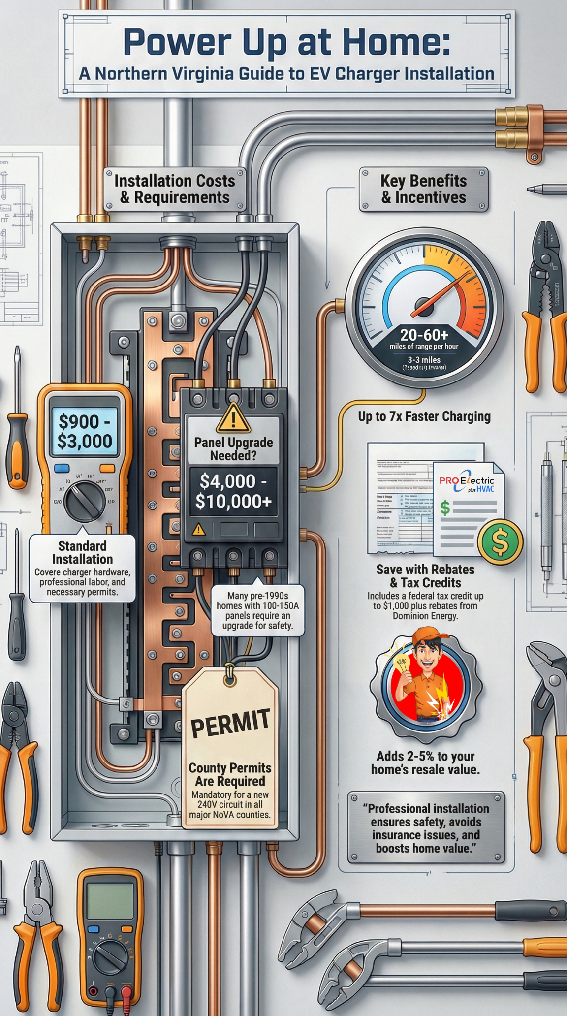 Level 2 charger installation cost, home EV charger Fairfax, EV panel upgrade cost NoVA, EV charger permit Loudoun, Dominion EV charger rebate, Tesla charger installation Virginia, 240V EV outlet cost, EV charging incentives 2025, electrical upgrade for EV charger, Fairfax EV permit waiver, smart home charger installation, NEMA 14-50 EV charging