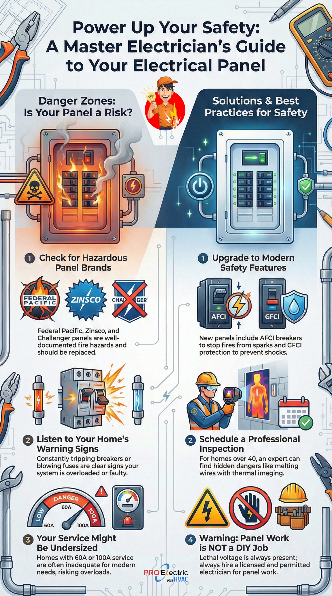 modern electrical panel upgrade, Federal Pacific fire hazard, Zinsco breaker failure, 200 amp service recommendation, AFCI and GFCI protection requirements, outdated breaker panel risks, licensed electrician advice, DIY electrical dangers, safe home wiring solutions, home electrical inspection checklist, surge protection installation, main panel replacement tips, improving home electrical safety, increase home value with panel upgrade, professional electrical system evaluation