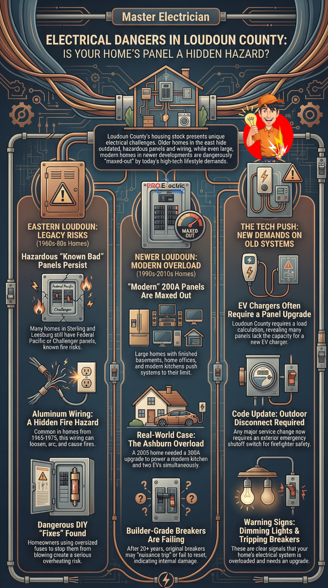 Loudoun County electrical panel upgrade, aluminum wiring Sterling Park homes, 200 amp panel overload Loudoun, outdated fuse boxes Loudoun VA, Federal Pacific panel replacement Sterling, Challenger breaker issues Loudoun, heavy-up service Ashburn homes, EV charger panel Loudoun County, solar panel electrical upgrades Loudoun, meter-main combo installation Virginia, historic home electrical issues Purcellville, knob and tube wiring Loudoun County, breaker tripping in modern homes, finished basement electrical load, load calculation for EV charger permit Loudoun