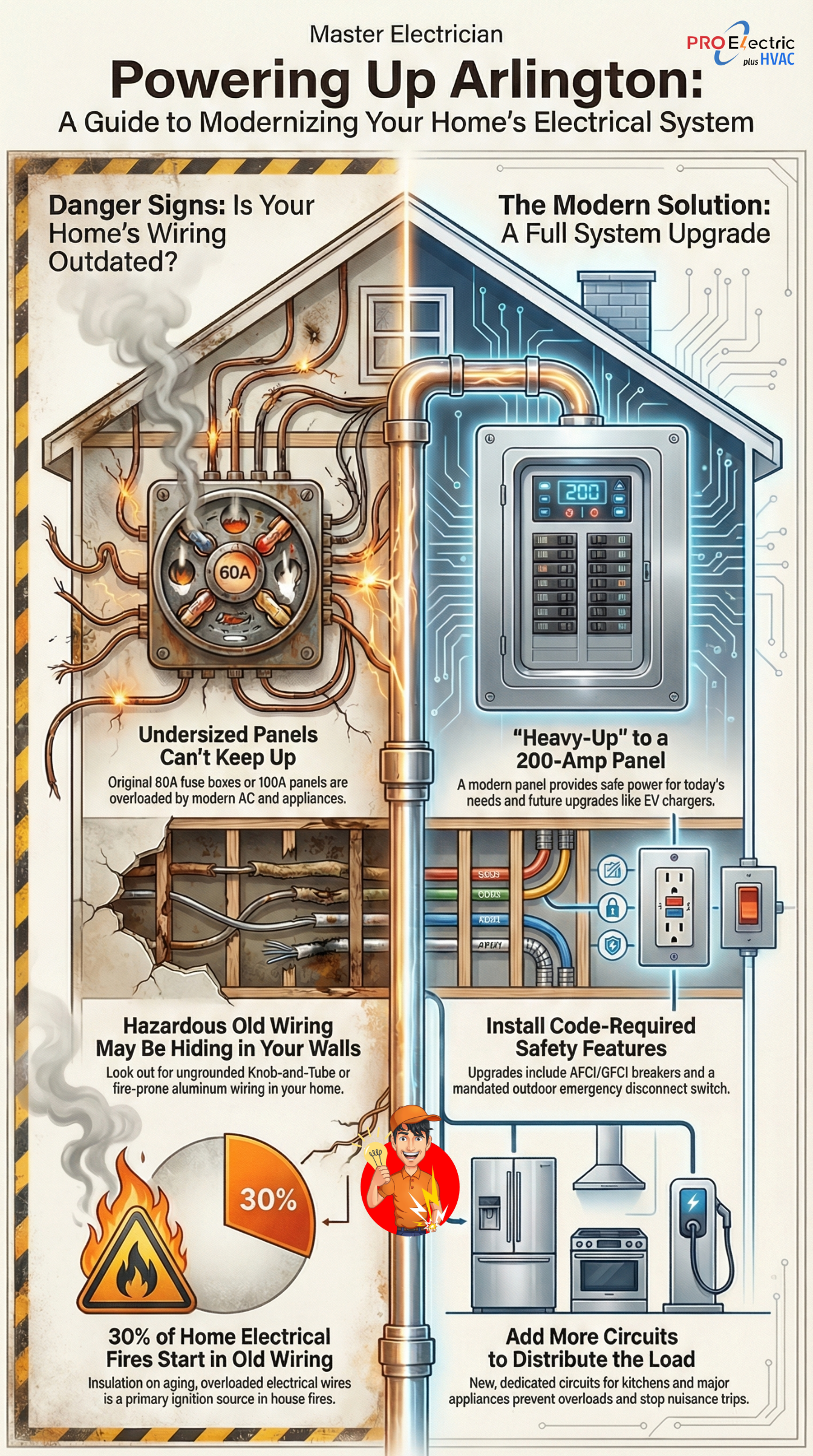 Arlington County electrical panel upgrade, knob and tube wiring Arlington homes, fuse box replacement Arlington VA, outdated electrical system Clarendon, aluminum wiring fire hazard, 60 amp fuse panel issues, Arlington bungalow electrical problems, overloaded circuits in small homes, AFCI GFCI requirements Arlington, Arlington electrical permit rules, outdoor disconnect code Arlington County, panel upgrade for EV charger Arlington, old house breaker trips, upgrading two-prong outlets Arlington, ungrounded wiring safety Arlington