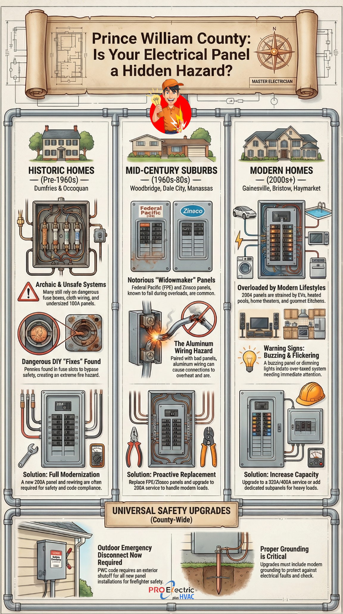 Prince William County electrical panel upgrade, outdated fuse box Dumfries VA, Zinsco breaker replacement Prince William, Federal Pacific panel fire risk, 100 amp panel issues Woodbridge, aluminum wiring Dale City homes, panel heavy-up Manassas Park, 200 amp upgrade Montclair VA, modern home breaker trips Gainesville, 400 amp service upgrade Haymarket, electrical panel for EV charger PWC, outdoor disconnect code Prince William County, surge protection requirement Virginia code, grounding upgrade older homes PWC, overloaded circuits in large homes Bristow