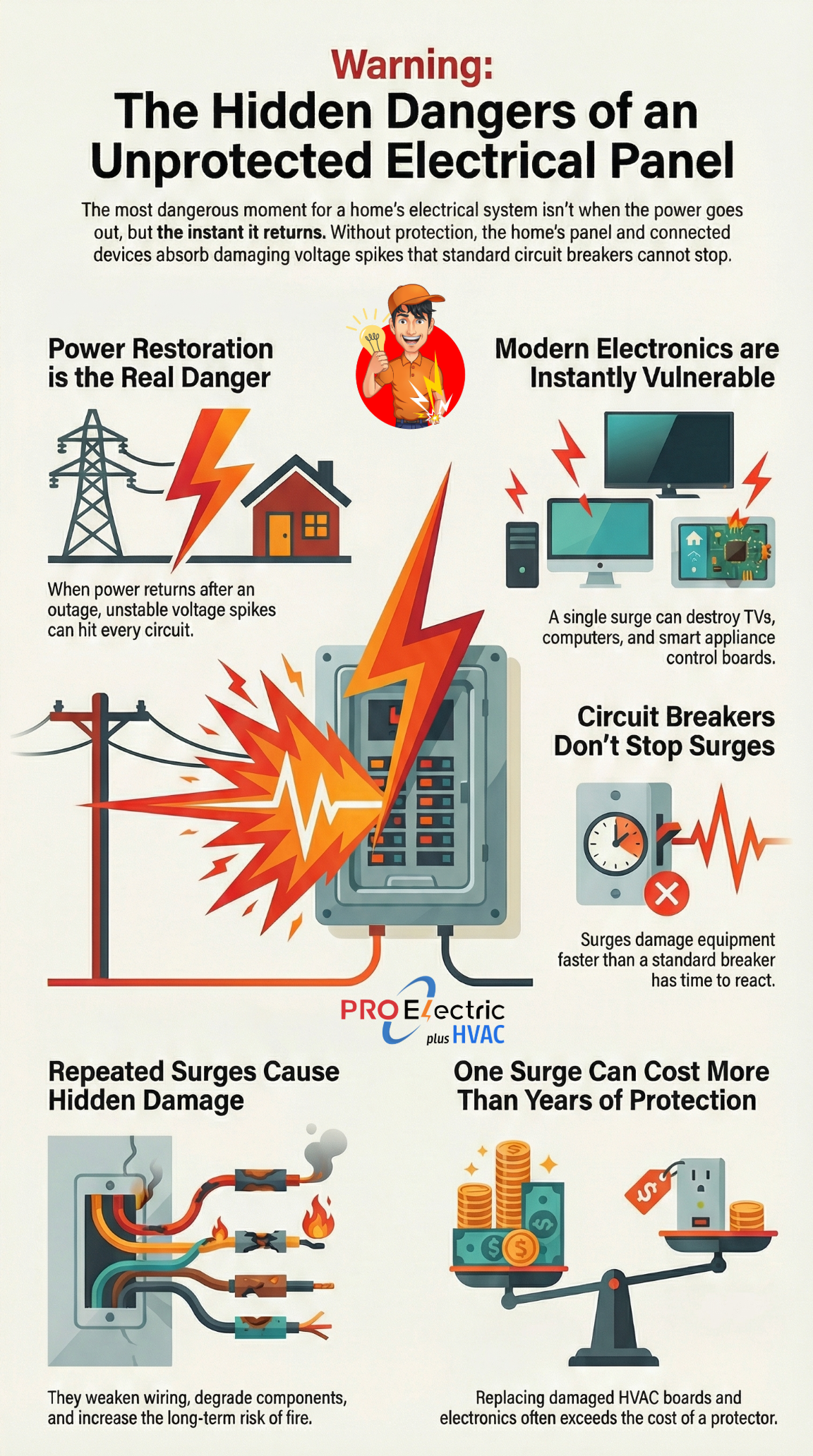 power surge damage to home, power restoration surge risk, whole home surge protection, electrical panel surge damage, lightning surge home damage, surge damage to appliances, surge damage to hvac system, surge damage to electronics, breaker does not stop surge, electrical surge after outage, burned electrical panel risk, home electrical surge protection, surge damage to wiring, power spike damage home, residential surge protection benefits, surge protection for modern homes, electrical panel safety surge, surge damage smart home devices, surge damage control boards, power outage surge danger, electrical surge fire risk, whole house surge protector installation, surge protection electrician near me, protect home from power surges, pro electric plus hvac surge protection