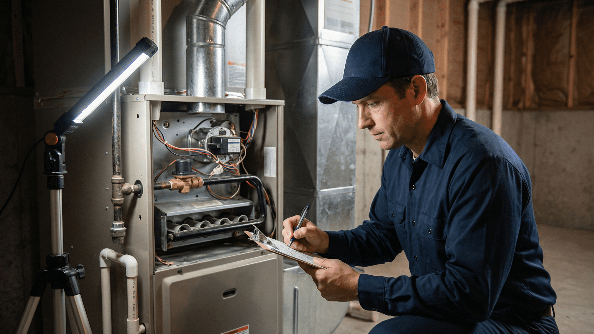 HVAC technician reviewing a furnace during a heating service visit.